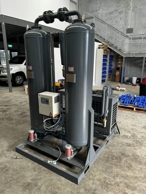 Desiccant air dryer side angle showing twin towers and control panel