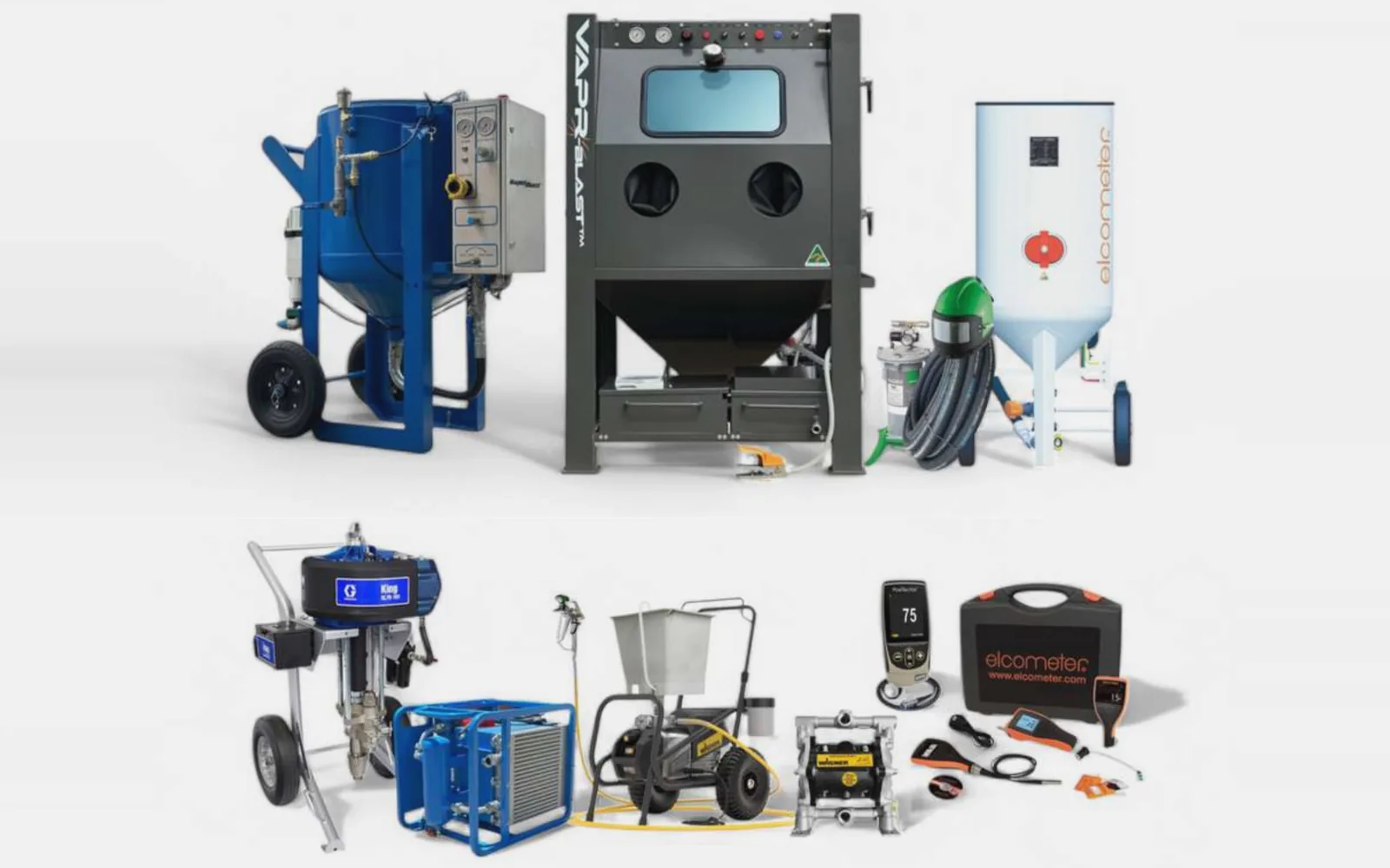 Quantum Blast product range — blast machines, wet blast cabinet, airless sprayers and coating inspection gauges